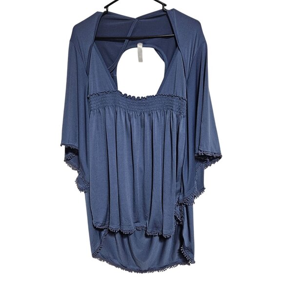 Blue Knit Swim Cover Up Womens Plus Size 22 24 Open Back Crochet Trim Summer - Picture 1 of 6